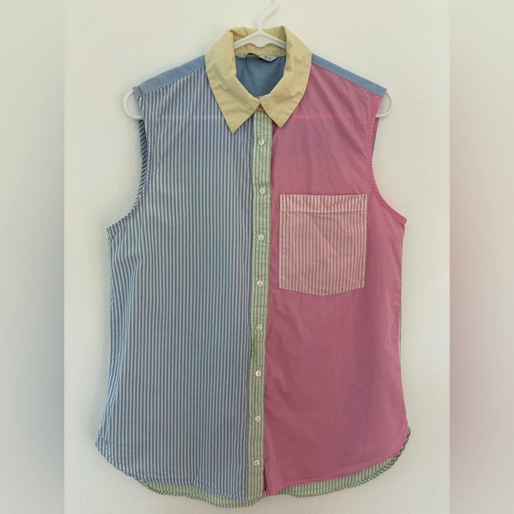 Stradivarius Womens Sleeveless Button Down‎ Collared Pastel Striped Tank Top
